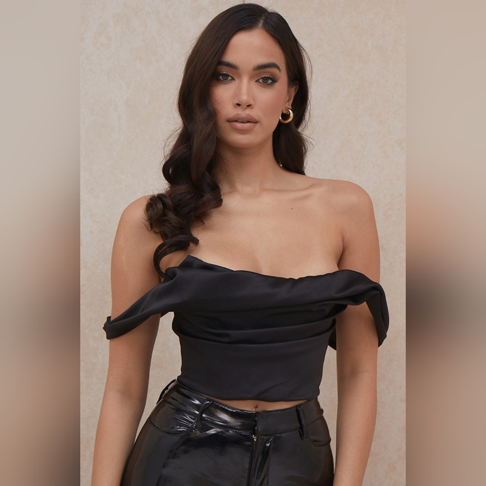 House of CB Black Off-Shoulder Satin Crop Top